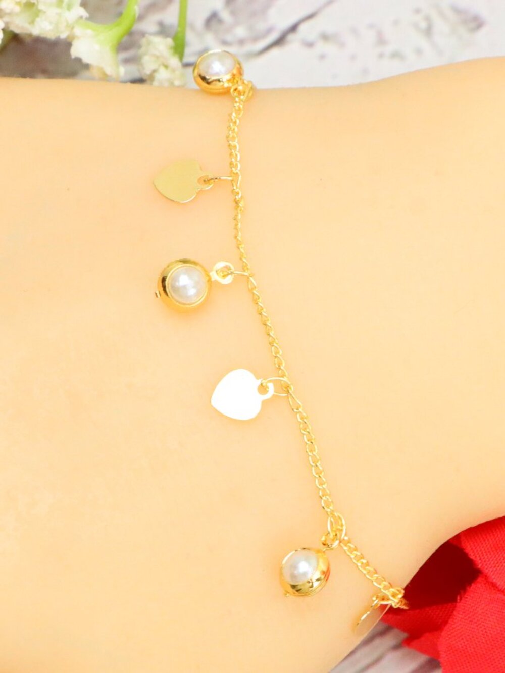 14K Gold Plated Heart Pearl Charm Bracelet Dainty Elegant Quality | WALRCN120
